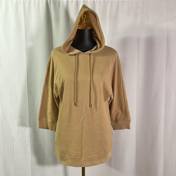 Jones New York Tops - Jones New York Camel Tan Waffle Knit Thermal 3/4 Sleeve Hooded Pullover
